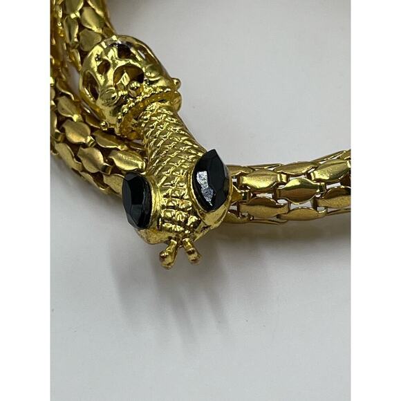 Vintage Golden Mesh Stretch Black Eye Rhinestone Egyptian Snake Coil Bracelet - Picture 8 of 14